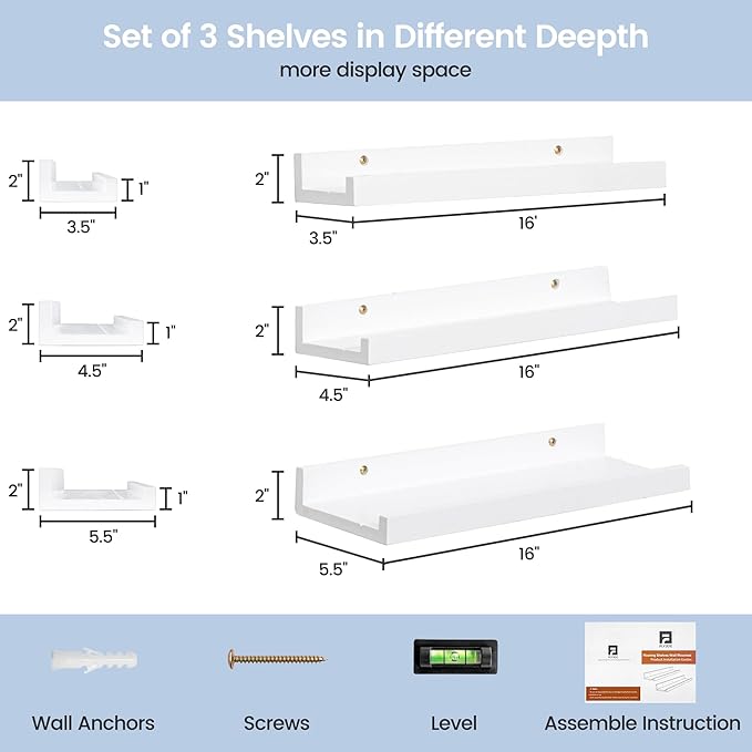 Picture Ledge Shelf for Wall, 16 inches Solid Pine Wood Nursery Book Shelves 3 Packs, Floating Ledge Shelves for Kids' Room Bedroom Bathroom Living Room Photo Frames Office Nursey Wall Decor, White