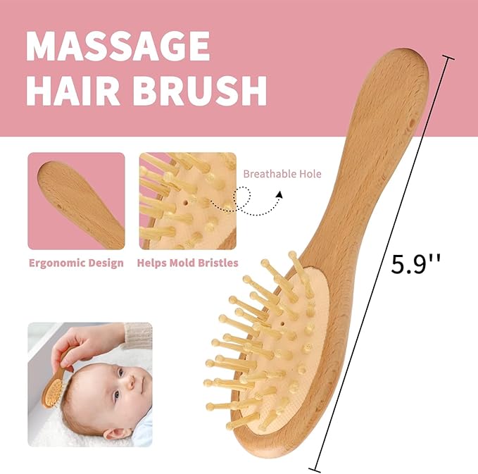 Goat Baby Hair Brush Set, Wooden Comb Massage Scalp Comb, Safe Natural Hair Care Kit, Soft Silicone Bath Brush for Newborns Toddlers (Brush Set+ Pink Massager)