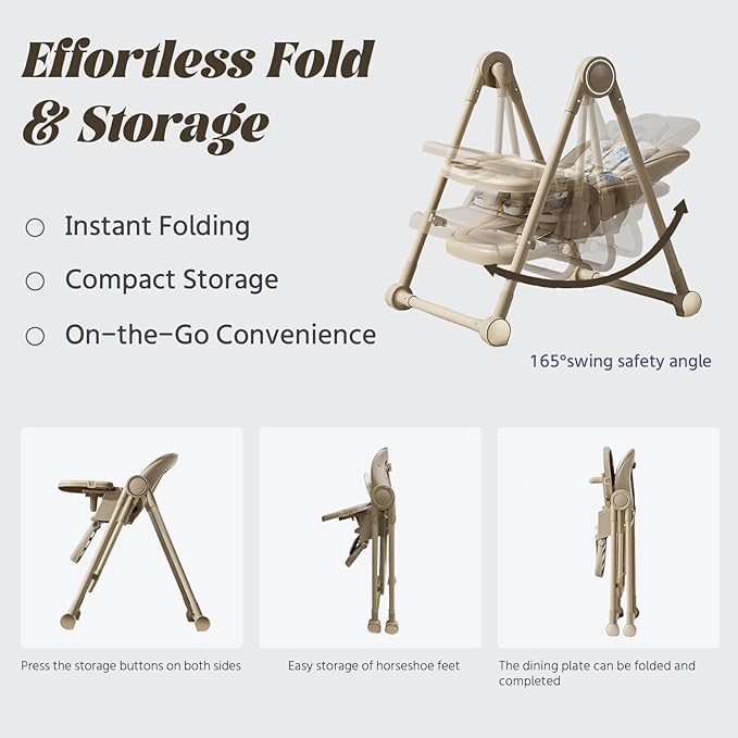 Multi Functional All in 1 Baby High Chair Swings for Infants Foldable Rocking 8 Level Height Adjustment Eco Friendly Washable PU Cushion Ultimate Baby Feeding Chair (Brown)