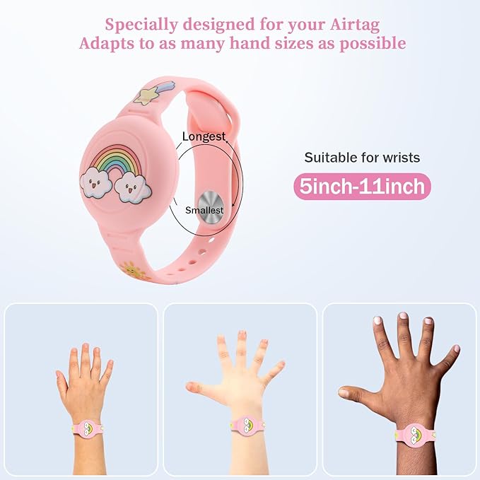 R-fun Waterproof Air Tag Bracelets [2 Pack] Compatible with Apple Air Tag Finders with Cartoon Pattern,Anti Lost GPS Item Finders Case Cover,Pink Rainbow/Purple Unicorn