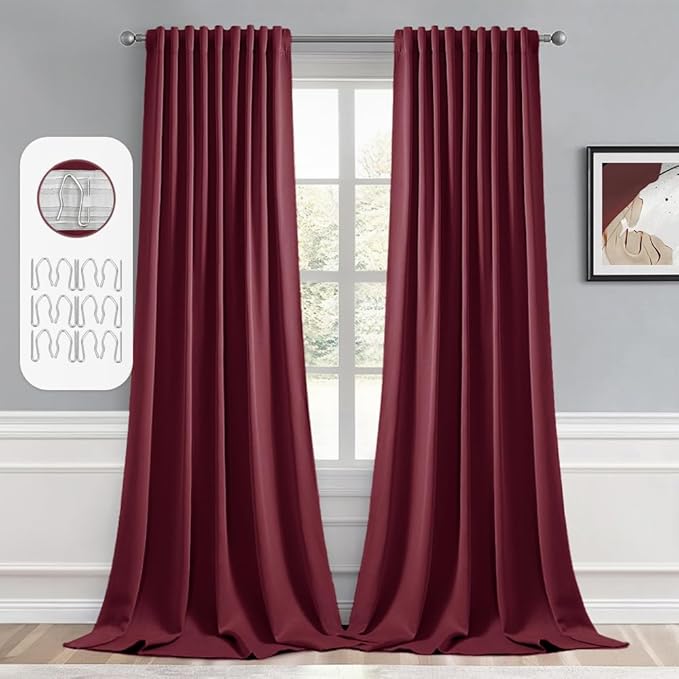MIULEE Wine Red Back Tab Blackout Curtain 96 Inch Long 2 Panels Set for Bedroom, Rod Pocket/Pinch Pleat Thermal Insulated Living Room Darkening Pleated Light Blocking Floor to Ceiling Drape