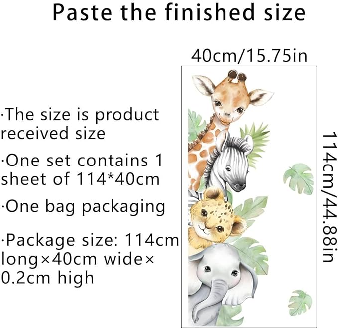 44.88 x 11.75 Inch Watercolor Jungle Animal Wall Decals - Forest Safari Elephant Lion Monkey Stickers for Baby Nursery, Playroom, Bedroom, Classroom, Kindergarten Decor