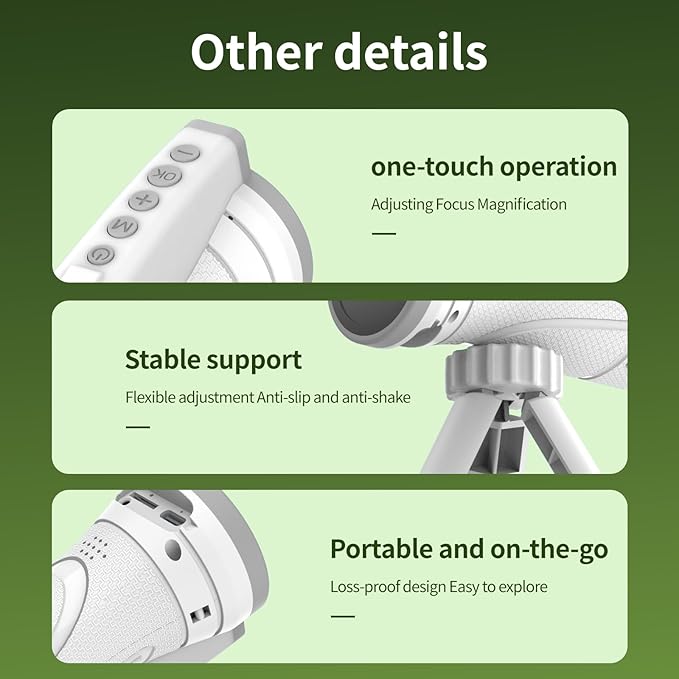 Kids Monocular for Bird Watching & Astronomy - Digital Telescope with Self-Timer, Boys Girls Camping Outdoor Exploration (White)