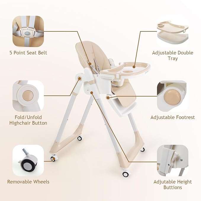 3 in 1 Baby High Chair with Wheels, Adjustable 5 Point Harness, Tray, Foot Rest, Backrest and Seat Height, Foldable High Chair for Toddlers, Beige