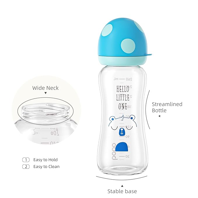 YOHKOH Natural Glass Baby Bottle with Natural Response Nipple, Newborn Anti-Colic Baby Bottles, Wide Neck Mushroom Cap Baby Bottle, Clear (8.8ounce (Pack of 2), Blue1)