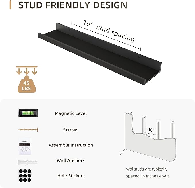 Picture Ledge Shelf, Wood Floating Shelves Set of 4, 24 inch Picture Ledge Shelves, Photo Ledge Nursery Book Shelves Wall Mounted for Living Room Kids' Room Bedroom, Color Black