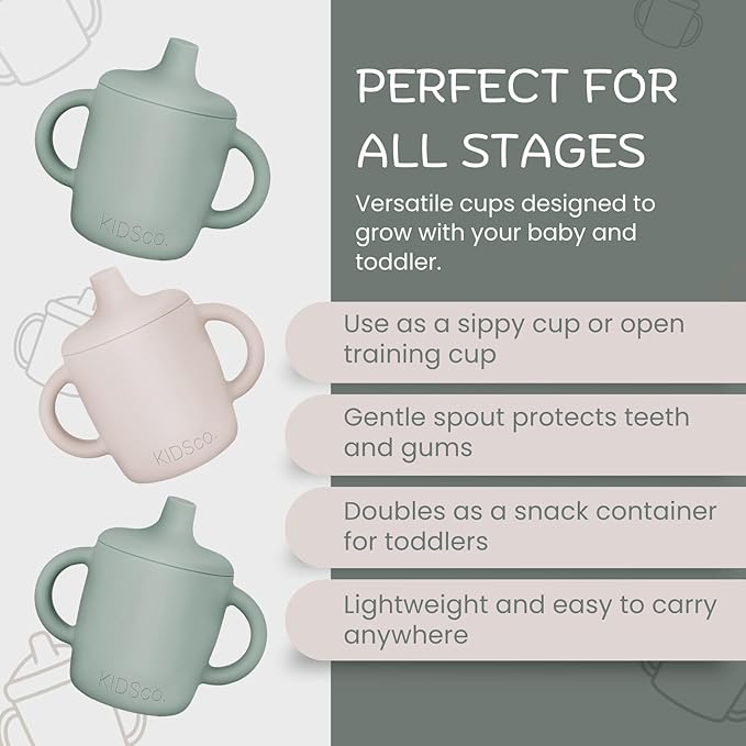 Silicone Sippy Cups with Easy Grip Transition Handles and a Soft Spout. A Non Toxic No Spill Unbreakable Training Cup. 150ml/5oz |2-PACK Green and Sandy Shore|