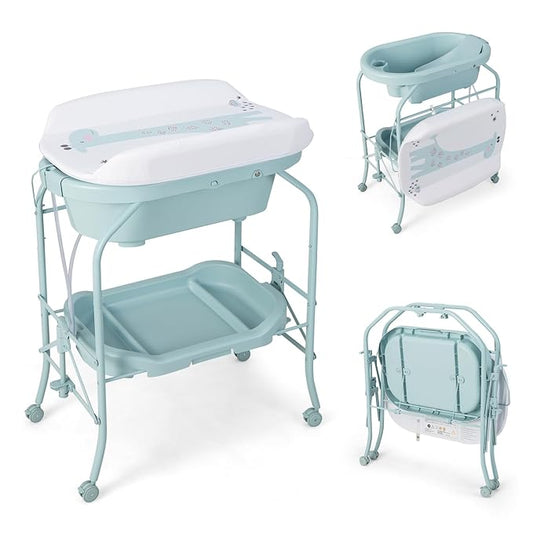 HONEY JOY Baby Changing Table with Bathtub, Foldable Infant Diaper Changing Station with Wheels, Storage Tray, Waterproof Pad, Portable Newborn Nursery Organizer Bath Stand for Boys Girls (Blue)