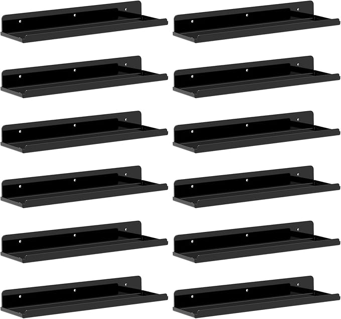 Lifewit Floating Shelves for Wall, 12 Pack Black Acrylic Shelf 15" Room Decor for Bookcase/Vinyl Record Display/Photo/Picture in Bedroom, Living Room, Bathroom, Kitchen Storage and Organization