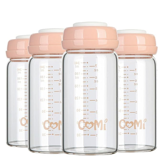 COMI Wide Neck Glass Breastmilk Collection n Storage Bottle, 8oz with Screw Ring Sealing Disk; Re-markable Sealing Disc. BPA Free, Fits Breast Pumps & Nipples (4 Pink Lids)