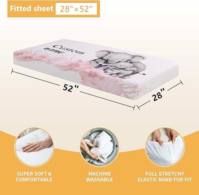 Personalized Baby Bedding Set, 5 Pcs Custom Baby Crib Sets with Name, Toddler Bedding Set for Baby Girls, Pink Elephants Double Layer Nursery Bedding Set, Customized Gifts for Infants Kids