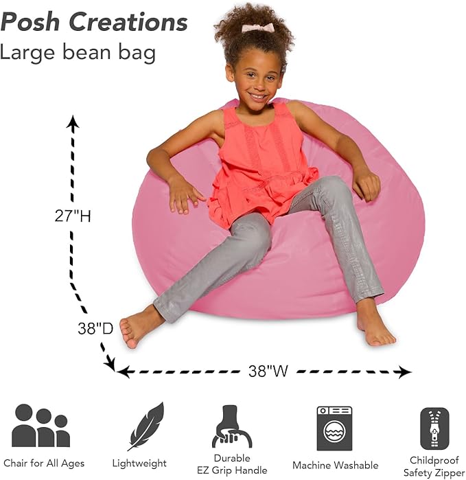Posh Creations Bean Bag Chair for Kids, Teens, and Adults Includes Removable and Machine Washable Cover, Solid Pink, 38in - Large