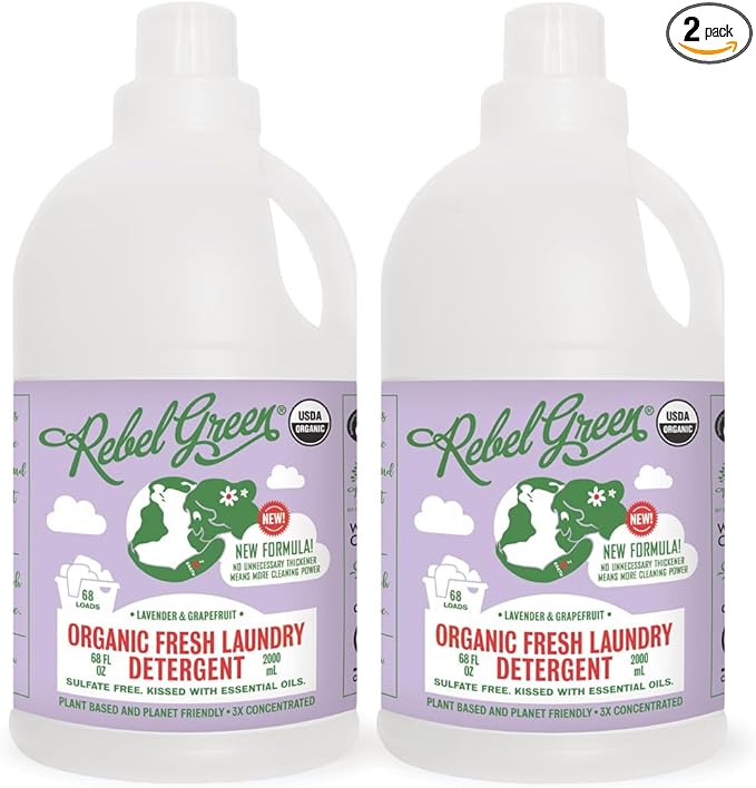 Rebel Green Organic Laundry Detergent - Natural Laundry Soap - Liquid Laundry Detergent with Dispenser Cup - Gentle Laundry Detergent - Fresh Lavender & Grapefruit Scent - 68 Load Bottles, 2 Pack