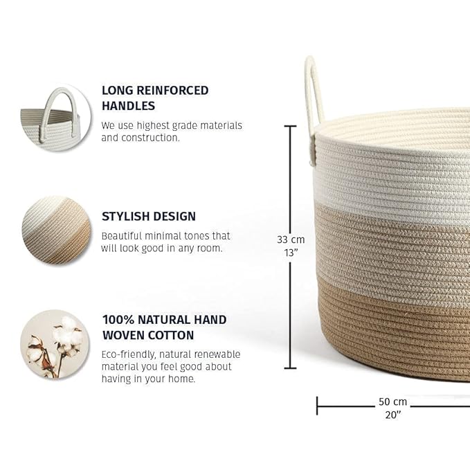 OrganiHaus Extra Large Blanket Basket for Living Room 20x13, Natural Cotton Rope Laundry Basket, Sturdy Hamper for Toy Storage, Cushions & Pillows Storage Bin, Nursery Decor Hamper - Honey