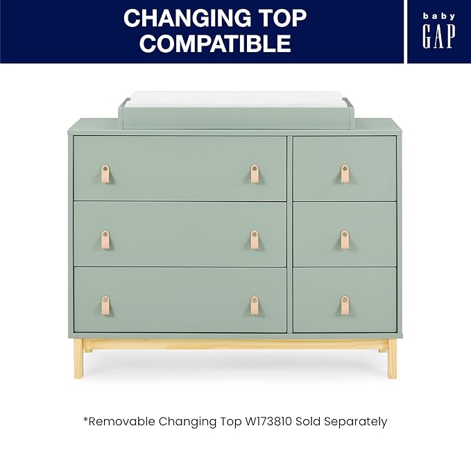 Delta Children babyGap Legacy 6 Drawer Dresser with Leather Pulls and Interlocking Drawers Greenguard Gold Certified, Sage Green w/Natural