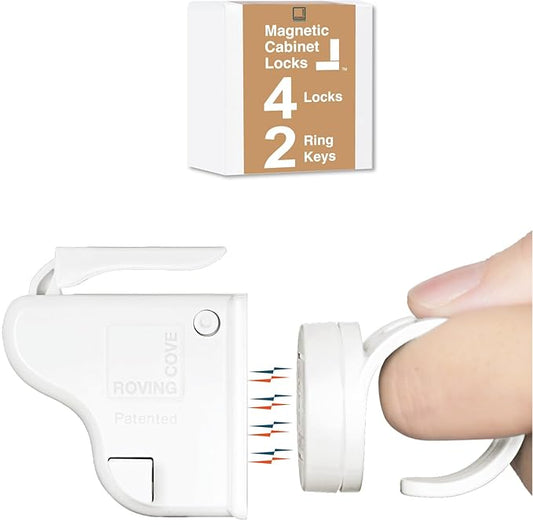 Roving Cove Ergonomic Magnetic Cabinet Baby Locks 4-pk, Child Proof Drawer Cupboard Latches, Adhesive, Easy Install with Starter Tape System, 4 Locks 2 Ring Keys