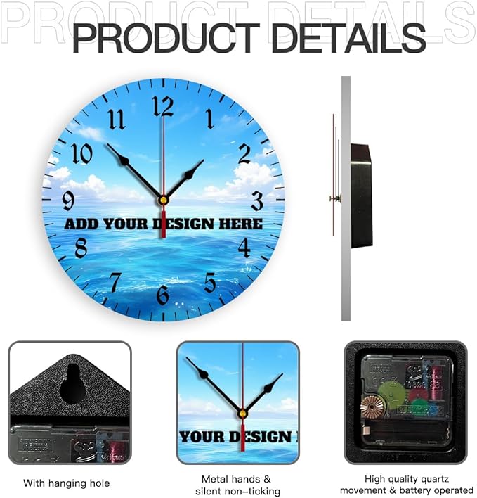 Generic Custom Wall Clock Personalized Clocks with Photo Text Logo Silent Non Ticking Round Decoration for Kitchen Family Friends Gifts, 12inch-30cm