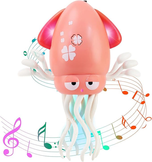 USB Rechargeable Dancing Octopus Baby Toy - Electric Crawling & Tummy Time Toy, Magical Musical Squid, Stress-Relief Desk Decor - Birthday for Kids Ages 1 2 3 4 5 6 Girls (Pink)
