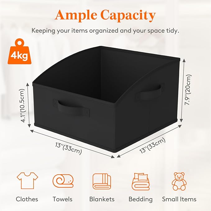 Lifewit Storage Baskets for Shelves, 6 Packs Non-woven Fabric Trapezoid Closet Organizer Bins with Handles, Foldable Clothing Containers Box for Clothes, Toy, Towel, Book, DVD, Hats, Small-Black