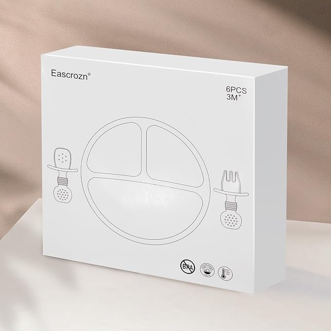 Silicone Feeding Set, 2 Pack Divided Toddler Plates with Suction, 2 Pack Utensils - Spoons & Forks, BPA Free, Baby Led Weaning Supplies