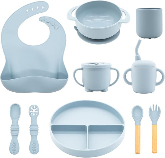 Silicone Baby Feeding Set 10 Pcs, Baby Led Weaning Supplies, Baby Feeding Supplies Set BPA Free, Baby Essentials for Newborn Gift Blue