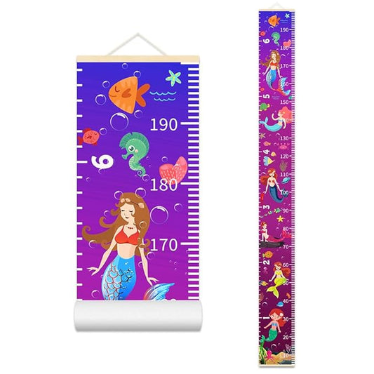 Ocean Mermaid Growth Chart for Kids Baby Height Chart Ruler Removable Canvas Wooden Frame Hanging Wall Rulers Measurement Charts for Toddler Room Nursery Decor - 79"X7.9" with Beige Wood