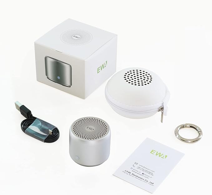 Travel Case Packed, Wireless Mini Bluetooth Speaker with Custom Bass Radiator. EWA A106, Small But Loud, The Next Generation of Portable Speakers for Home, Outdoors, Shower (Silver)1.89* 1.57 inches