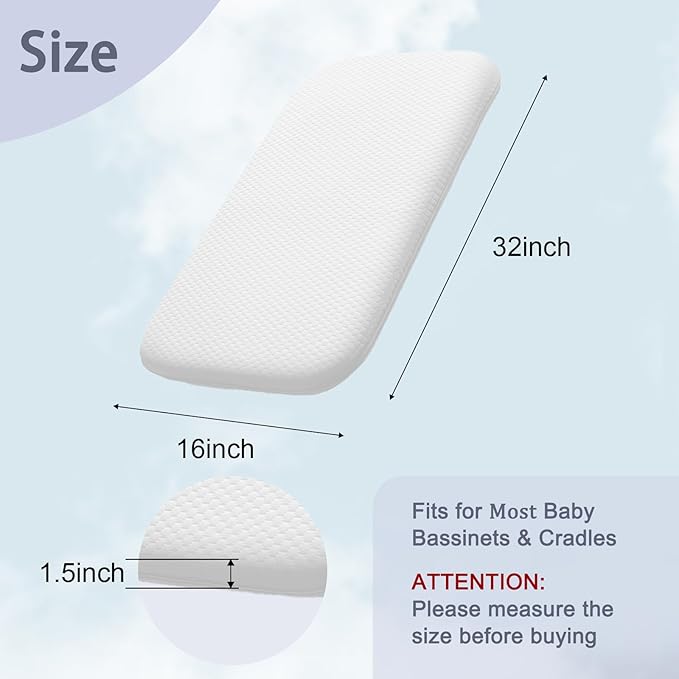 Lisara Baby Bassinet Mattress Pad, 32 x 16 Dual Sided Gel Memory Foam Mattress with Waterproof, Removable and Breathable Ice Silk Cover, Fit for Dream On Me Karley & Willow BabyBassinet