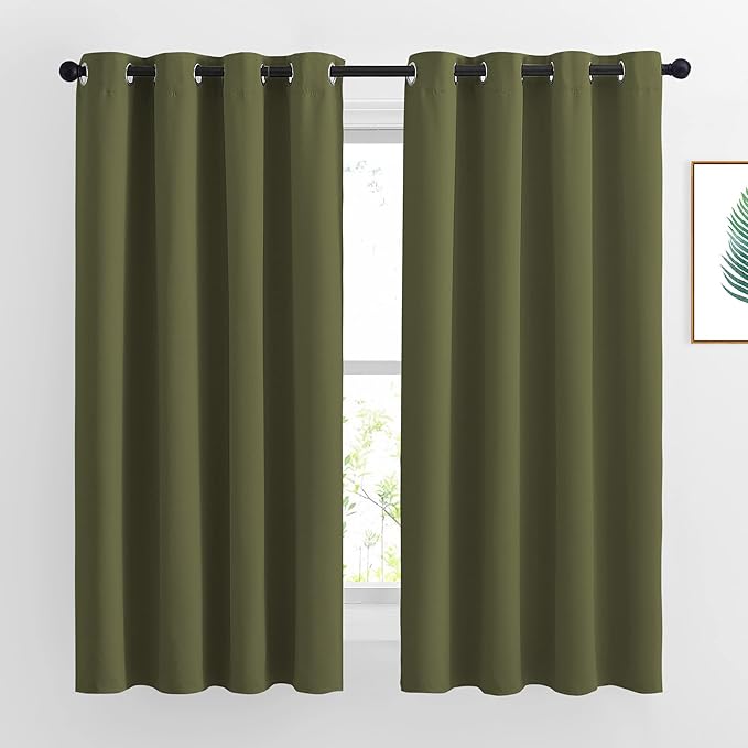 NICETOWN Blackout Olive Green Curtains 63 inches Long, Functional Blackout Window Treatments Thermal Drapes Privacy Assured for Bedroom, 2 Panels, W52 x L63