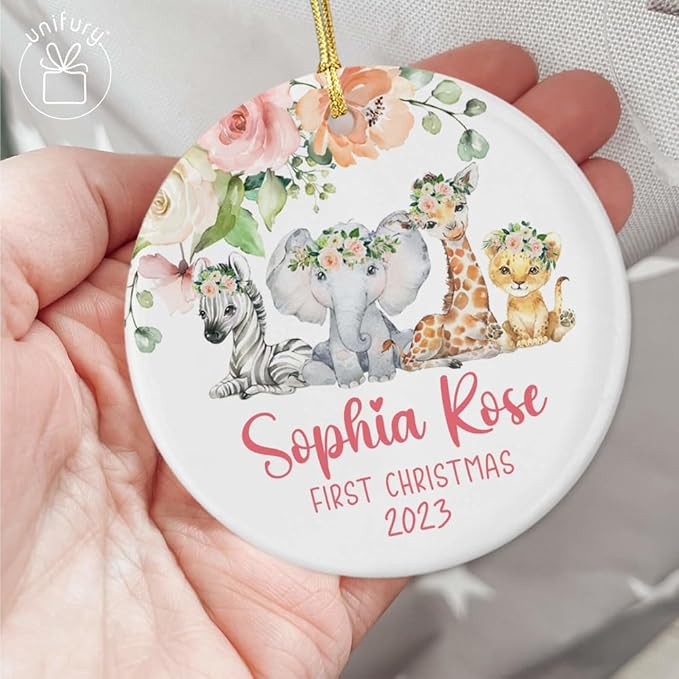 Unifury Personalized Baby First Christmas Ornament 2024, Keepsake for Babies First Christmas Tree, Holiday Decor for Celebrating Ceramic Babys 1st Christmas Ornament 2024, Safari Animal Floral
