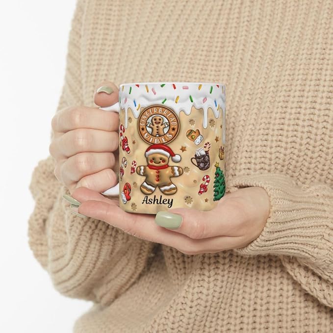 Personalized 3D Effect Christmas Mugs with Names, Gingerbread Man Coffee Mug, Custom Hot Cocoa Accent Mug Funny Christmas Gifts For Sister Friends Mom Dad Women Men 11 or 15 Oz