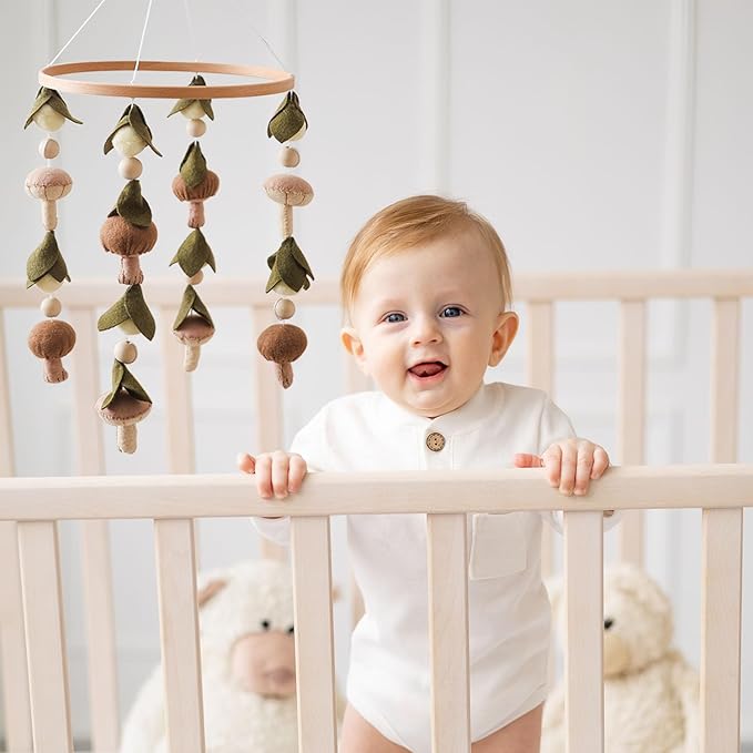 Baby Mobile for Crib,Crib Mobile for Boys Girls, Soft Crib Toys Hanging，Baby Mobile for Bassinet，Boho Nursery Decor Neutral（Mushroom，Leaves,Cotton）