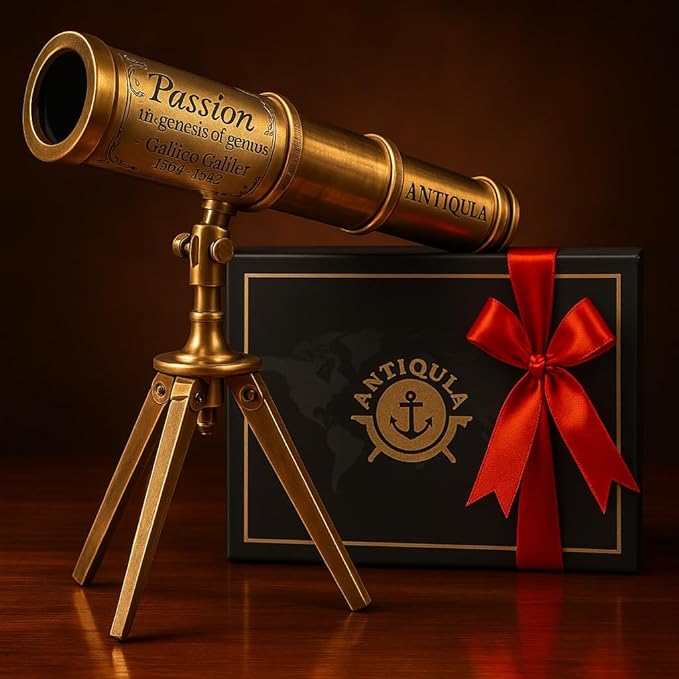 Vintage Brass Decor Telescope on Tripod, Antique Pirate Spyglass with Gift Box, Monocular Nautical Handheld Telescope Ideal for Home Decor, Gifting, Traveling, Kids, Bookshelf & Office Desk
