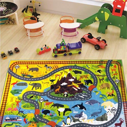 KC Cubs 5x7 Animal Safari Toy Car Road Rug – Educational Play Mat Carpet for Kids, Toddlers, Nursery, Classroom, Playroom, Baby Daycare, Boys & Girls
