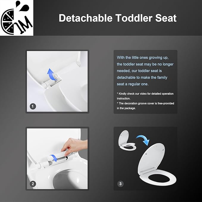 Round Toilet Seat with Toddler Seat Built In, 3X Slow Close FOR BOTH TODDLER & ADULT Seats, Potty Training Toilet Seat, No Wiggle and Easy to Install, Detachable Toddler Seat, White (2Pcs Pack)