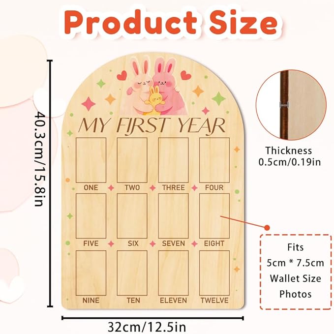 ORIGACH My First Year Baby Growth Photo Display Wood Board - 12 Months Newborn Milestones Photo Board - Neutral Baby Keepsake Frame 1st Birthday Party Nursery Decor New Mom Gift - Rabbit
