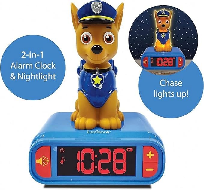 LEXiBOOK - Paw Patrol Chase Digital Alarm Clock with Night Light - Snooze Function - Dog Sound Effects - for Children/Kids - Luminous Clock with Chase, Blue/Red - RL800PA