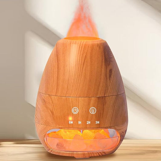 Ultrasonic Essential Oil Diffuser with Himalayan Salt Rock,Flame Diffuser with 2 Color Light,Small Aromatherapy Oil Diffuser with Auto Off Function for Home, Office,Spa,100ML,Wooden Grain