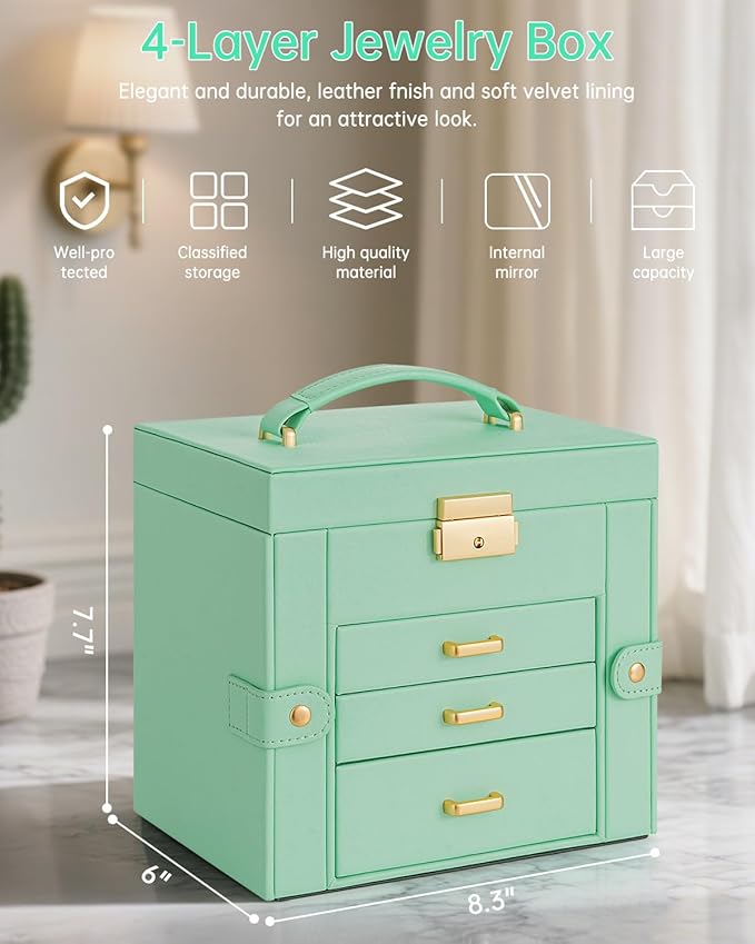 AKOZLIN 4-Tier Jewelry Box Leather Jewelry Storage Organizer with 3 Drawers Lockable for Women Girls Ring Necklace Earring Bracelet Holder with Mirror