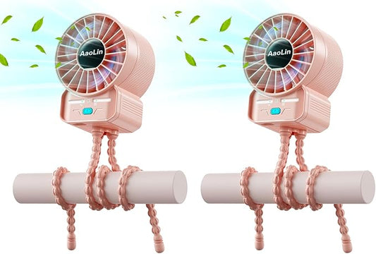 2 Pack Multifunctional Portable Stroller Fan 4 Speed 6600rpm High Speed Usb Rechargeable Personal Mini Handheld Fan Extended Tripod For Desktop Winding Kids Bed Treadmill Bike Golf Cart Outdoor Travel