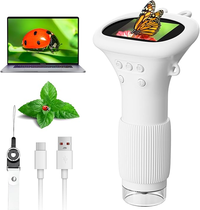 Microscope for Kids, Ahalfcit Microscope with 2'' Inch Screen -1000X Zoom Portable Camera, Birthday for 3 4 5 6 7 8 9 0 11 12 Years Old Kids,Science Educational Toys - White
