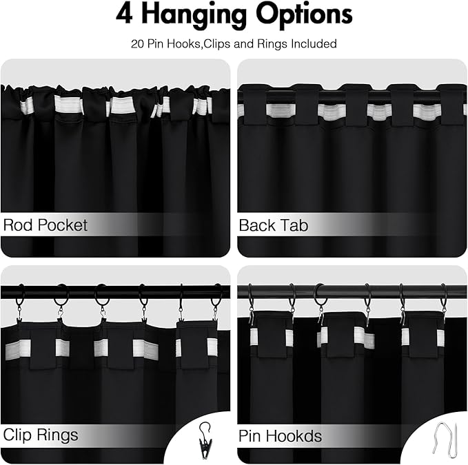 ANRODUO Back Tab Blackout Curtains for Bedroom Living Room, Rod Pocket Pinch Pleated Thermal Insulated Room Darkening Curtains 72 Inches Long 2 Panels, Black, 42 x 72 Inch