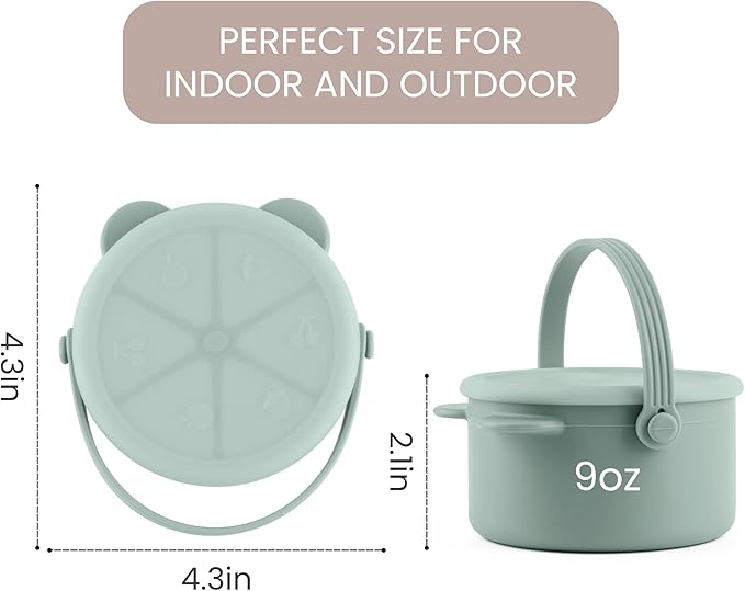 Silicone Snacks Containers for Toddlers, Baby Food Catcher Spill Proof, Kid Snacks Holder with DustProof Lid, 2 Pack Dishwasher Safe (Shifting Sand/Sage)