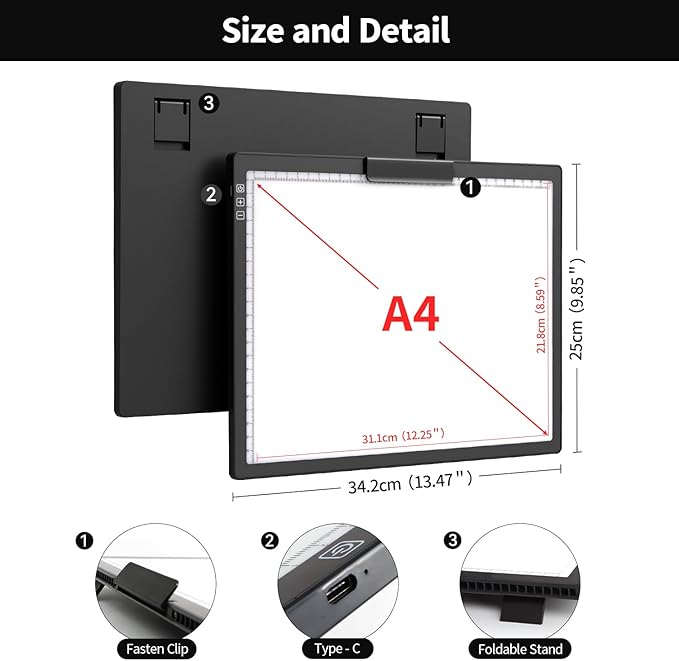 Rechargeable A4 Light Box with Padded Case,led Light pad with Built-in Stand & Clip,6 Levels of Brightness lightbox for tracing,Diamond Painting.Light Table for Artists,Drawing,Sketching,Animation