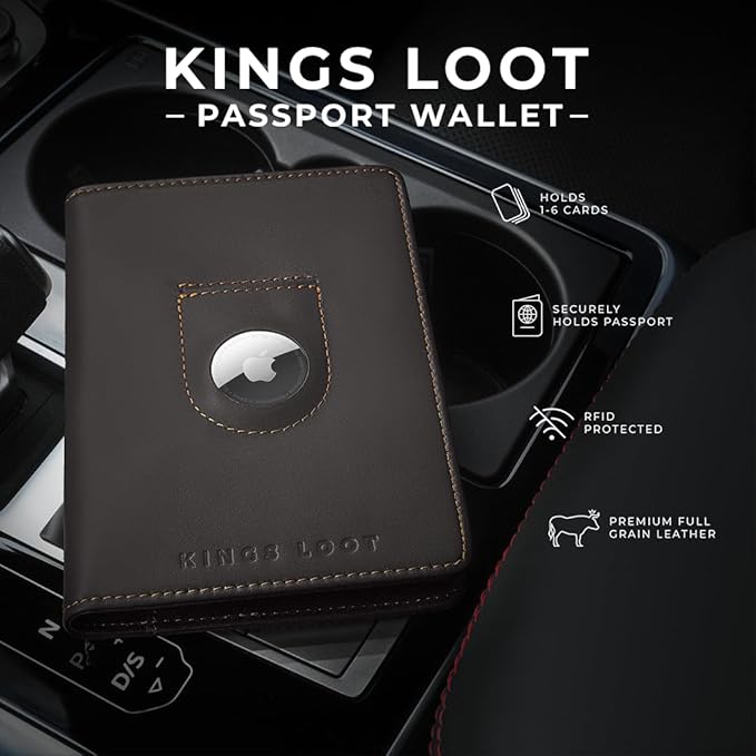 Kings Loot Passport Holder Wallet | RFID Blocking Leather Travel Wallet with Built-in Airtag Holder | Holds 1-6 Cards & Passport | Easy Pull Tab | Travel Wallets (Truffle)