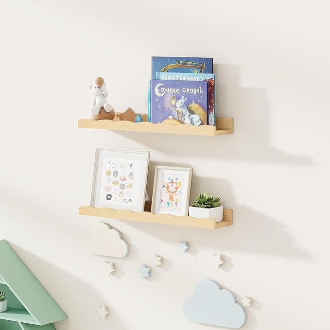 Fun Memories Picture Ledge Shelf for Wall, 24 inch Pine Wood Nursery Book Shelves Set of 2- Wall Book Shelves for Kids Room, Home Decor - Kitchen Spice-Natural.