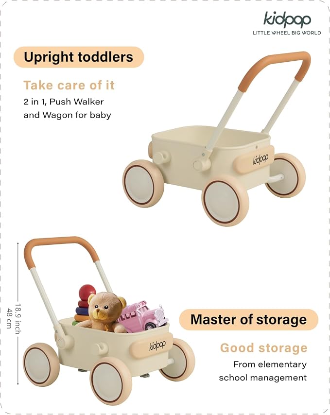 Kidpop PULA 2-in-1 Push and Pull-Along Wagon, Baby Push Walker for First Learner from 7 Month to 4 Year, One Year Birthday Gifts, Sturdy and Safe, Indoors and Outdoors (White)