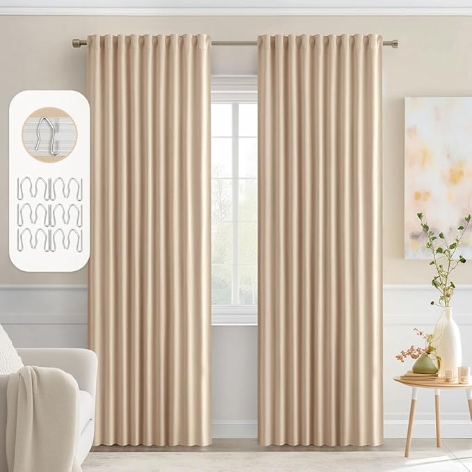 MIULEE Back Tab Beige Curtains 84 Inch Length 2 Panels Set for Living Room Bedroom, Cream Rod Pocket/Pinch Pleated Light Blocking Thermal Insulated Room Darkening Blackout Curtains 84 Inches Long