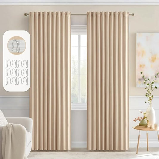 MIULEE Back Tab Beige Curtains 84 Inch Length 2 Panels Set for Living Room Bedroom, Cream Rod Pocket/Pinch Pleated Light Blocking Thermal Insulated Room Darkening Blackout Curtains 84 Inches Long