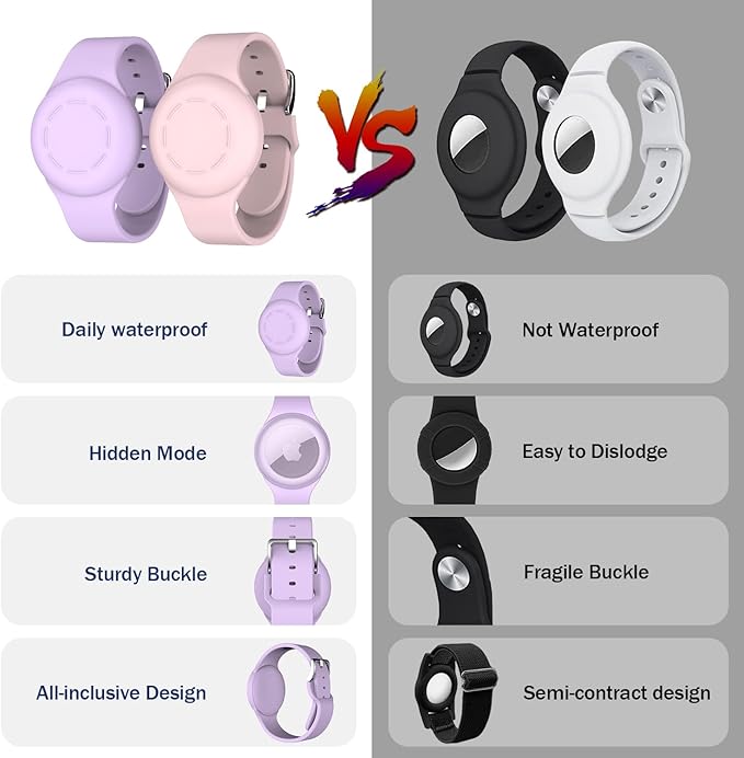 R-fun Waterproof for Air Tag Bracelets [2 Pack] Compatible with Apple Air Tag Finders with Soft Silicone,Anti Lost GPS Item Finders Case Cover,Pink/Light Purple